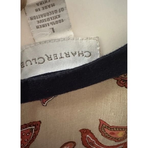 Charter Club Linen Tunic Top Blue Paisley Print Split Neck 3/4 Sleeve Size L - Picture 7 of 9